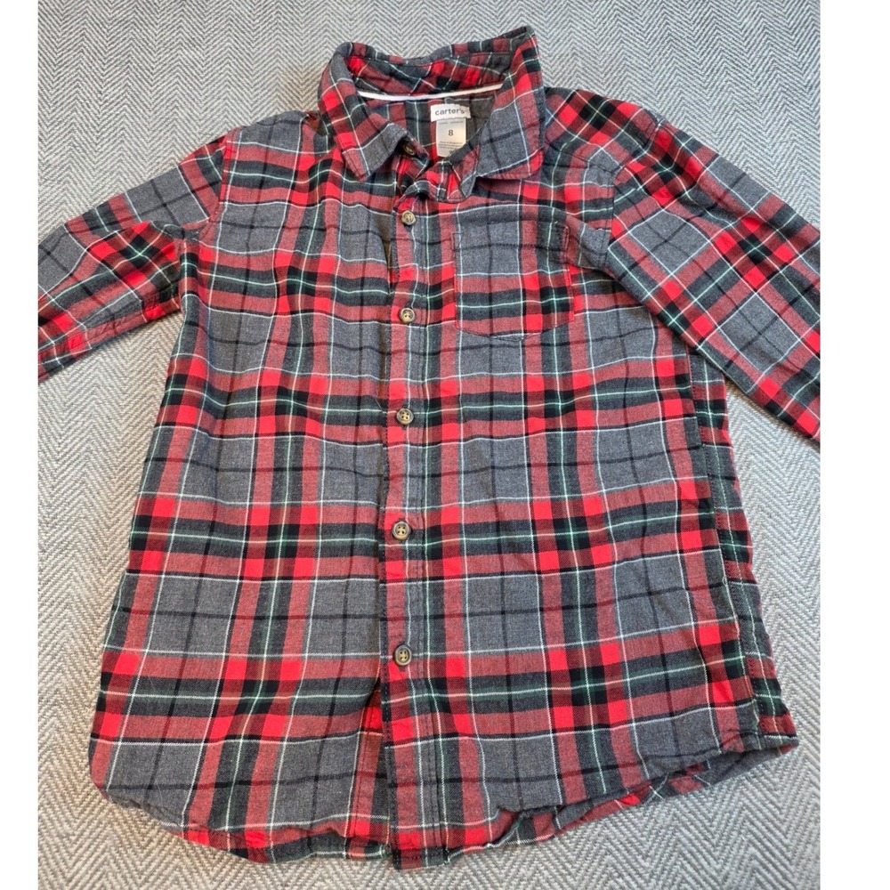 Carters Boys Red Grey Plaid Flannel Button Down Shirt Size 8 3J216610